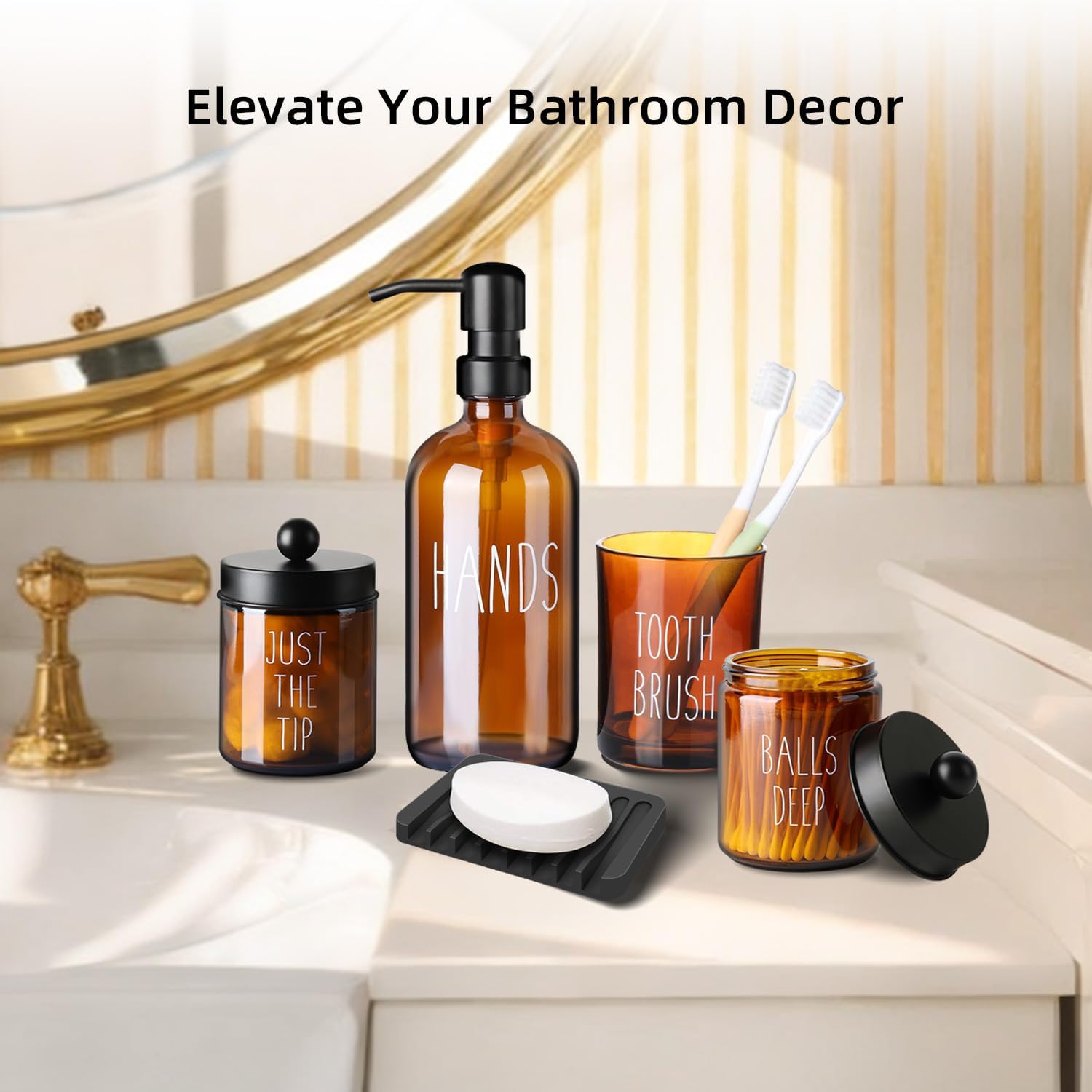 Bathroom Accessories Set, Glass Soap Dispenser, Soap and Toothbrush Holder, Qtip and Cotton Ball Holder -5 Pcs Bathroom Accessories Set, Glass Soap Dispenser, Soap and Toothbrush Holder, Qtip and Cotton Ball Holder -5 Pcs